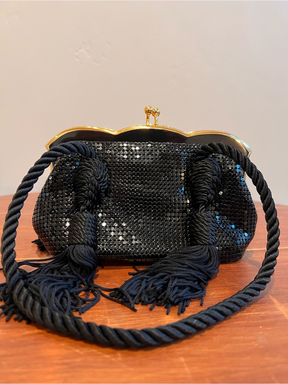 Whiting & Davis Black Sequin Evening Shoulder Bag with Gold Frame